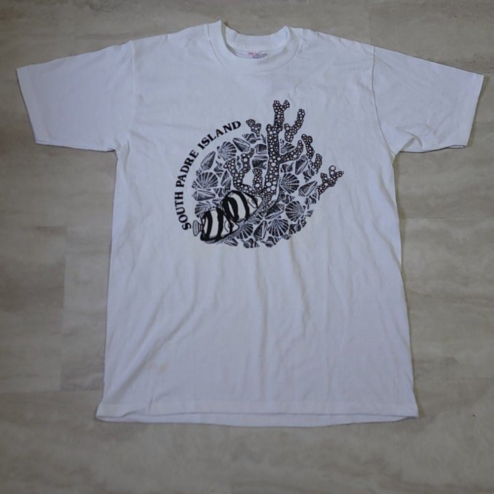 Vintage NWT South Padre Island Coral Reef Fish Graphic White Textile Prints Tee